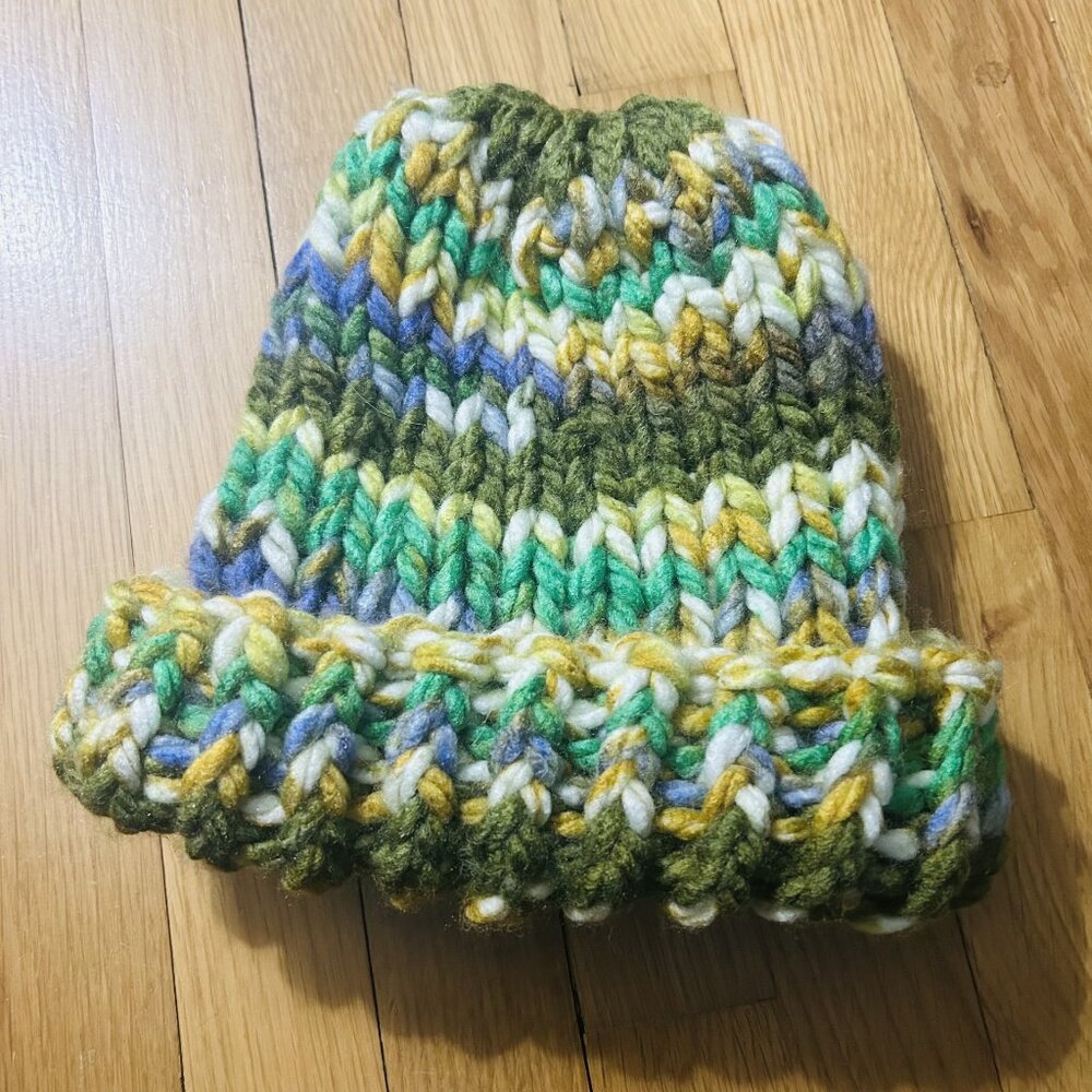 hand knit super chunky oversized beanie winter hat green yellow purple nordiccor